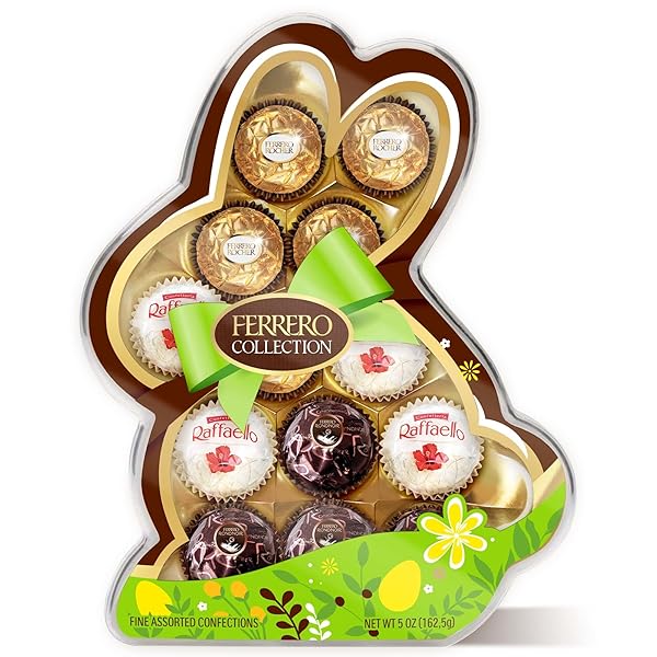 FERRERO COLLECTION, ​13 COUNT, PREMIUM GOURMET ASSORTED HAZELNUT MILK CHOCOLATE, DARK CHOCOLATE AND COCONUT, EASTER BUNNY GIFT BOX, GREAT EASTER GIFT, 5 OZ