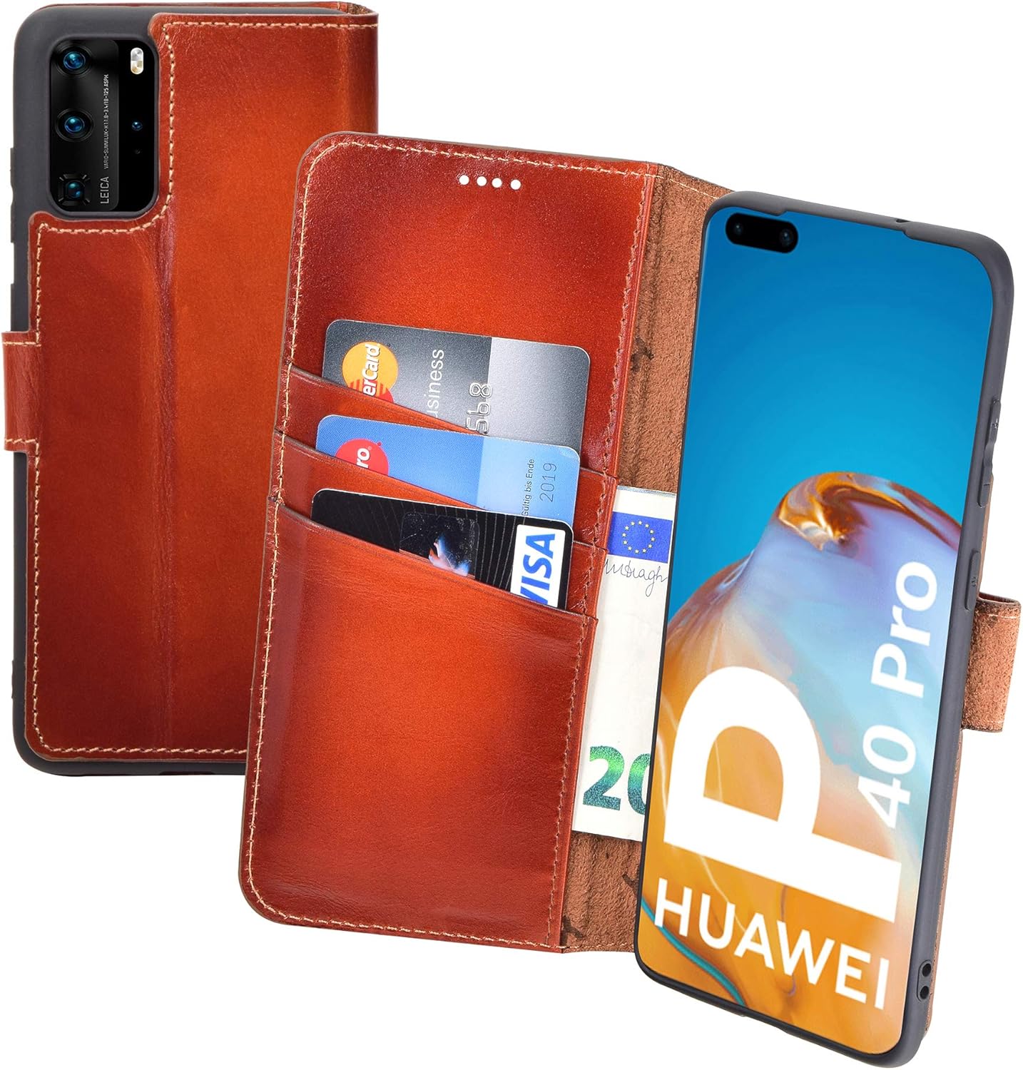 Suncase Book-style case compatible with Huawei P40 Pro leather case (slim fit) leather mobile phone case protective case with 3 card slots in burned cognac