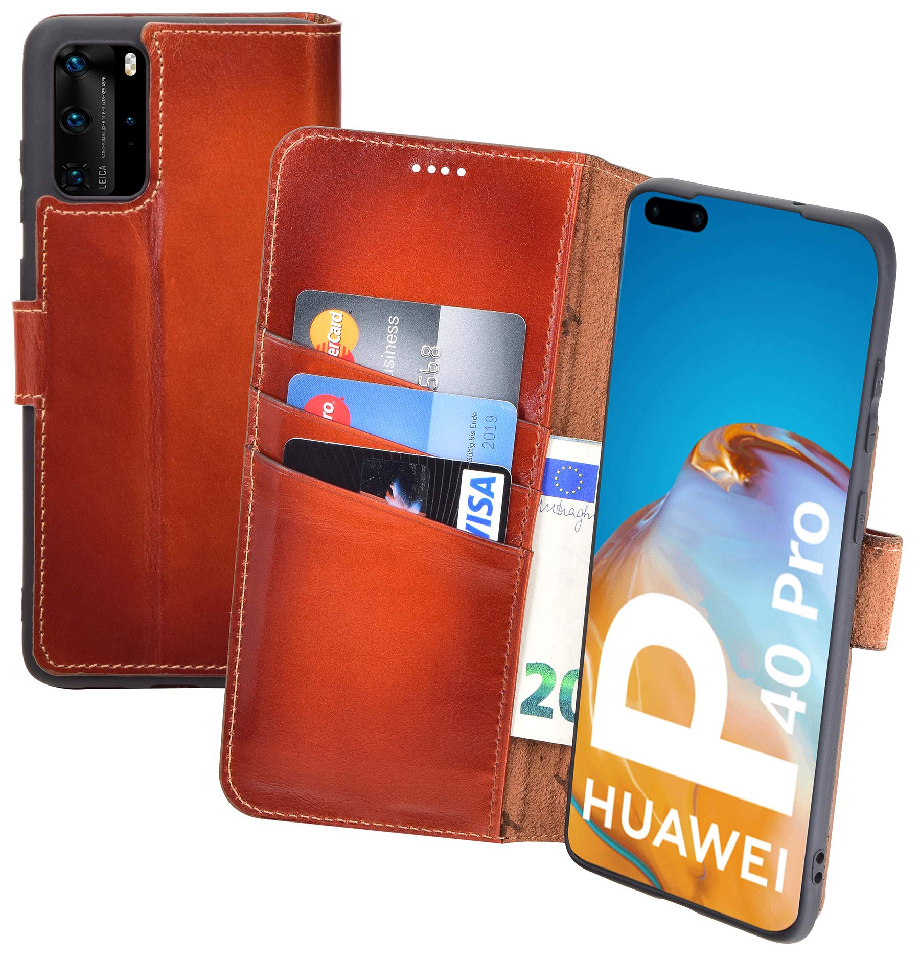 Suncase Book-style case compatible with Huawei P40 Pro leather case (slim fit) leather mobile phone case protective case with 3 card slots in burned cognac.