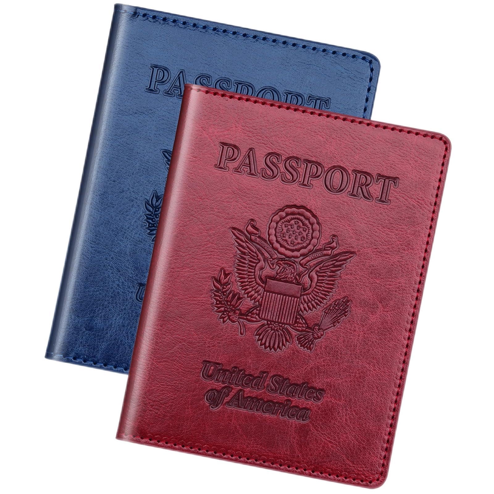 Passport Holder 2Pcs, Passport Cover Wallet Case for Women Men Family, Passport Book Holders Travel Must Haves Cruise Ship Essentials (Dark Blue & Wine red)