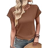 Dokotoo Womens Summer Tops 2026 Waffle Knit Lace Hollow Out Short Sleeve T-Shirts Crewneck Casual Loose Basic Tee Blouses