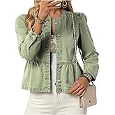 WDIRARA Women's Button Down Denim Jacket Long Puff Sleeve Ruffle Jean Jackets Peplum Outerwear