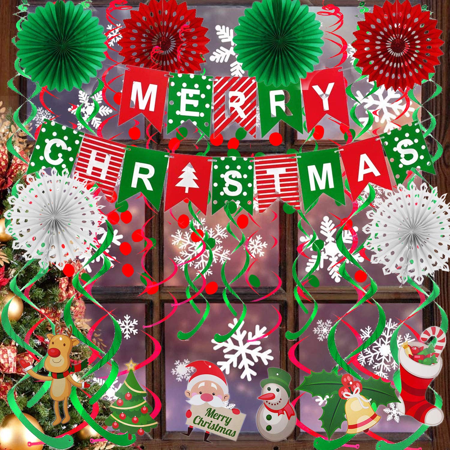 FECEDY Merry Christmas Banner Paper Fan Flower Circle Confetti Dots Hanging Garlandand Swirl Streamers Christmas Tree Christmas Snowman God Tang for Christmas Party Decoration