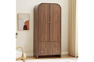 LEVNARY Arched Armoire Wardrobe Closet, Mid-Century Modern 2-Door Freestanding Wardrobe with Hanging Rod and 2 Drawers, Fluted Carved Clothing Storage Cabinet for Bedroom (Walnut)