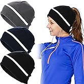 3 Pieces Reflective Fleece Running Ponytail Hat Women Safety Beanie with Ear Covers Cold Weather Skull Cap