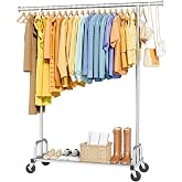 Sakugi Clothes Rack - Large-Capacity Clothing Racks for Hanging Clothes with Lockable Wheels, Space-Saving Metal Coat Rack for Bedroom, Laundry Room, Entryway, 45.6" x 16.9" x 59", Silver