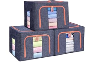 Clothes Storage Bins Box, 3 Packs 34L Large Foldable Clothes Storage Boxes, Stackable Frame Storage Bins Boxes, Fabric Linen 