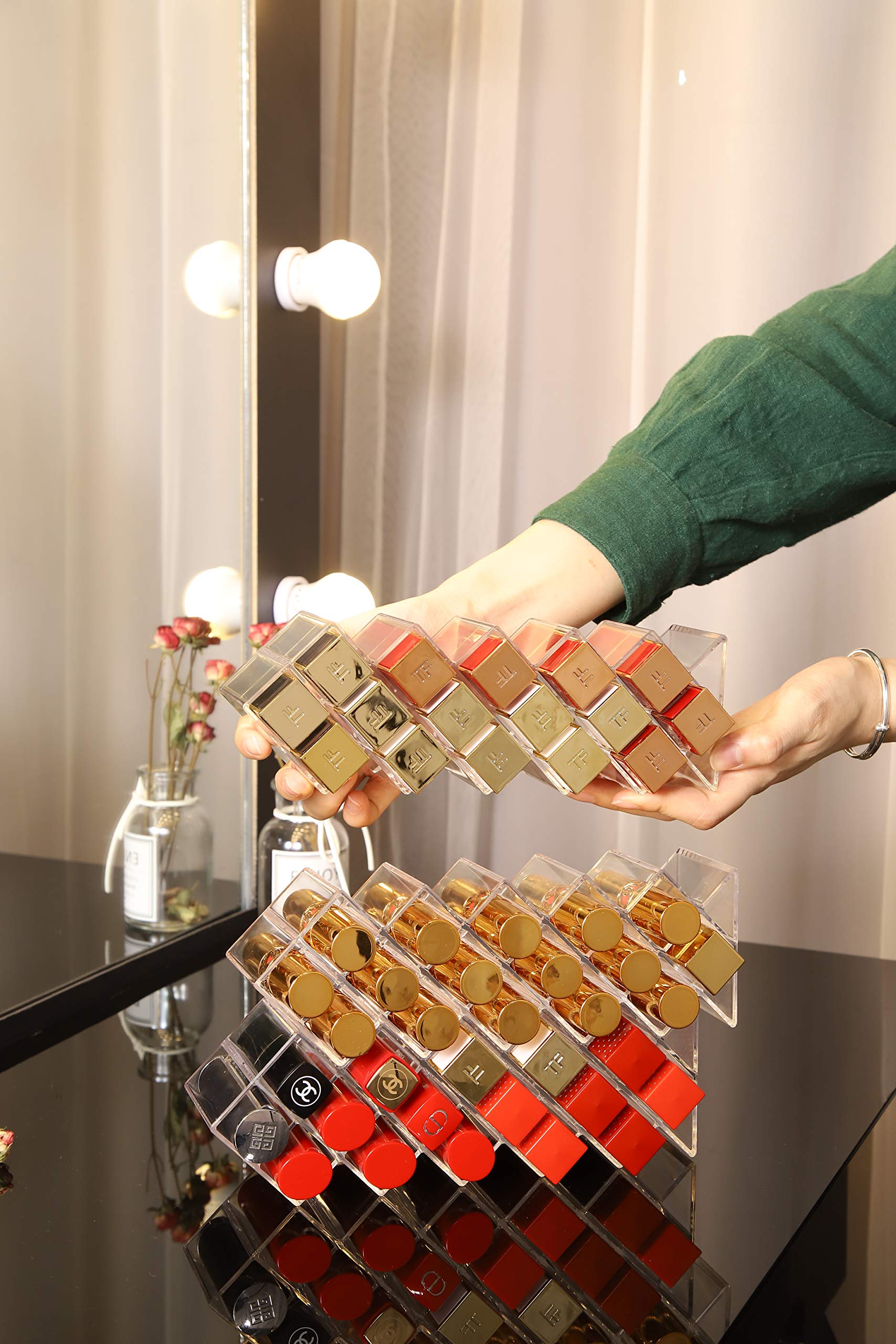 YIEZI Lipstick Holder Organizer 48 Spaces Acrylic Stackable Fish Shape Lipstick Tower, Lip Gloss Storage Stand, Perfect for Lipgloss Organizers Makeup Vanity Display, Clear (3 Pack)