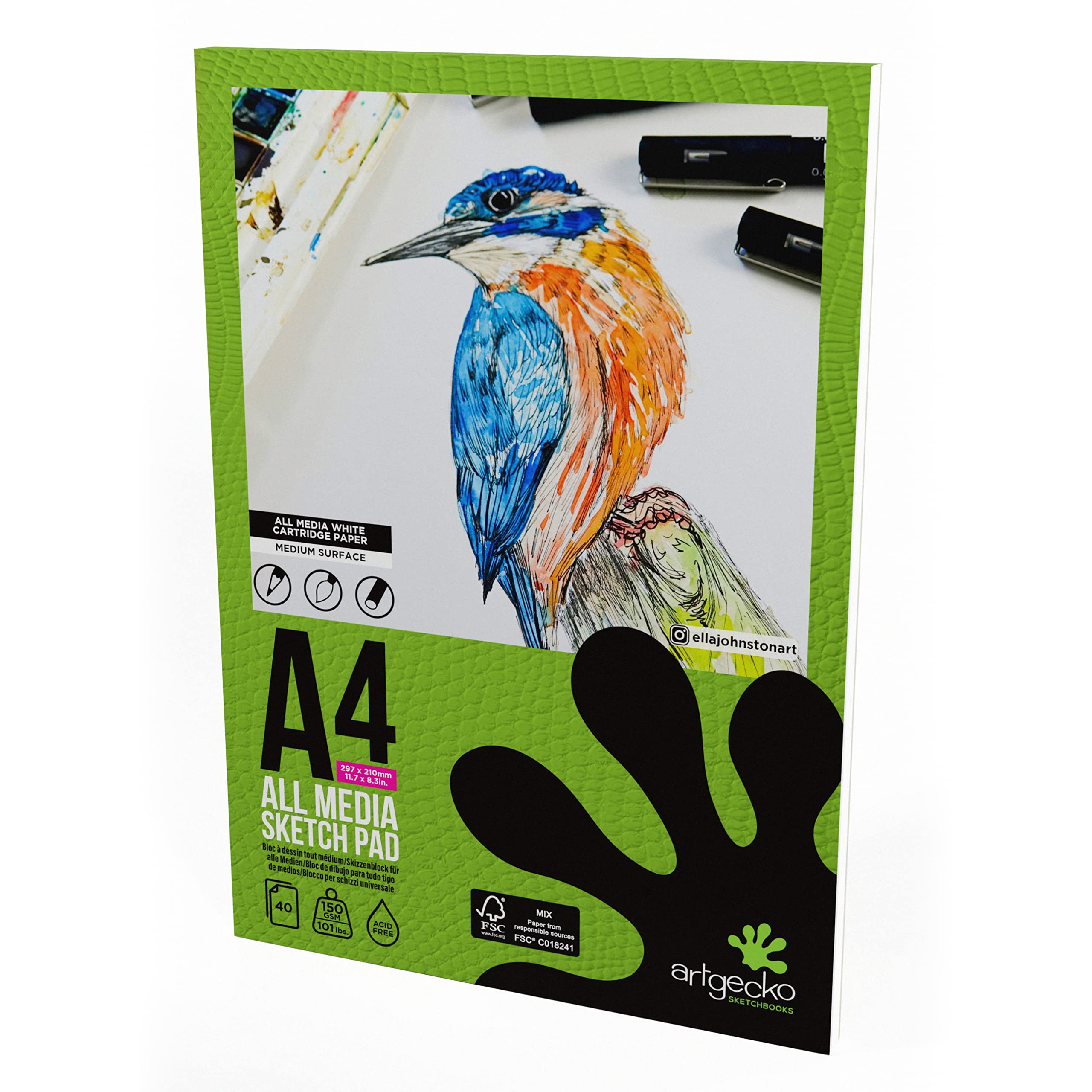 Artgecko Pro Mixed Media Sketch Pad A4-40 Sheets 150gsm White Cartridge Paper