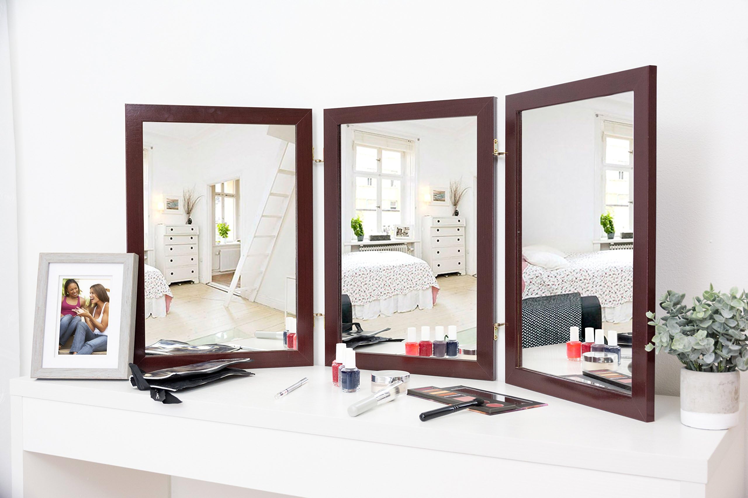 Mirrotek Classic Wood Table Top 3 Way Vanity Desk Folding Personal Face Makeup Mirror, Cherry Wood Finish