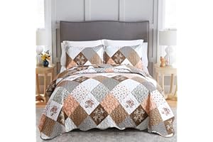 Dinjoy Floral Plaid Patchwork Quilt Set Queen Size, Reversible Brown Bedding Set Soft Microfiber Lightweight Bedspread Coverlet 3 Piece Fall Autumn Summer Use (90x90 inches)