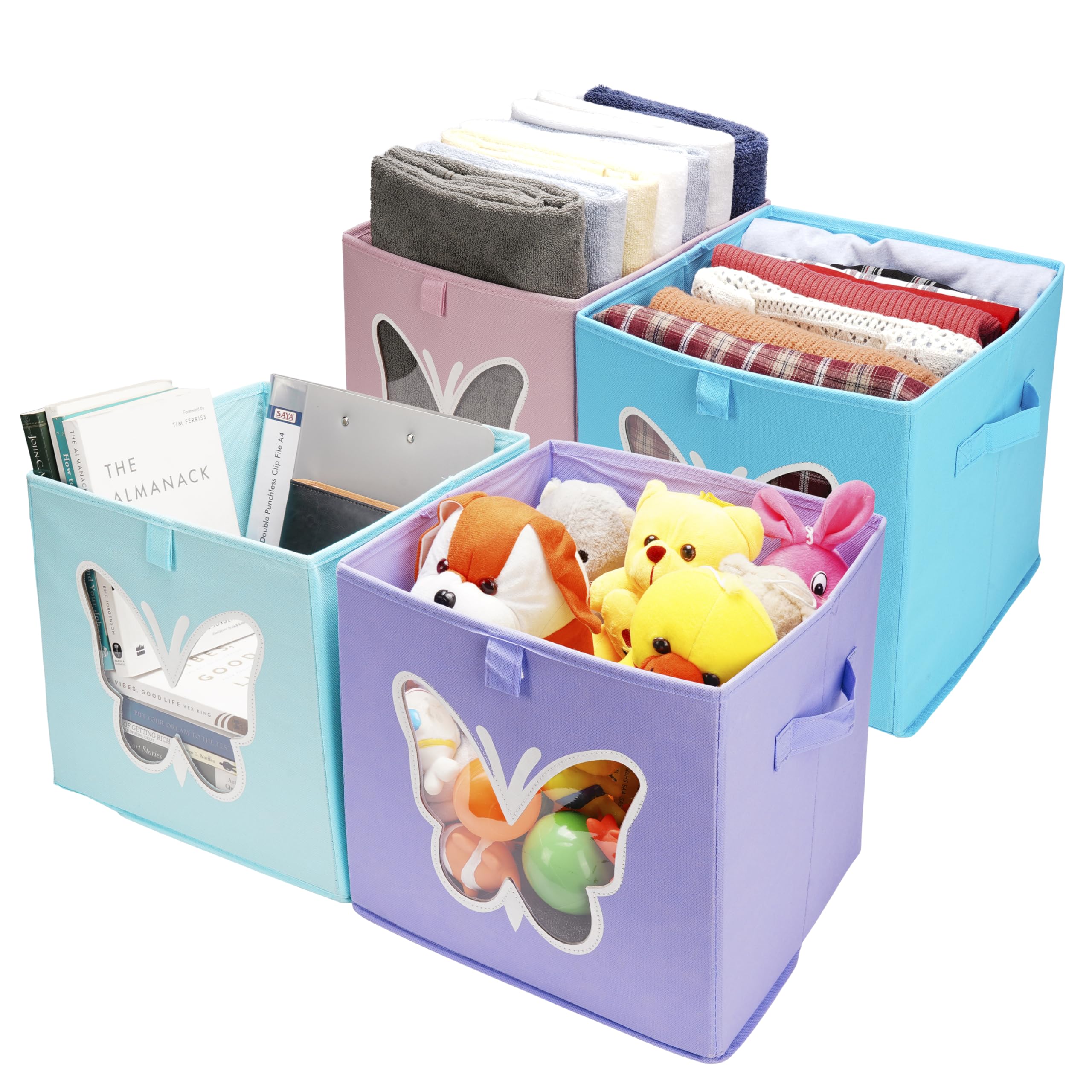 BELLE VOUS 4 Pack of Foldable Fabric Cube Storage Bins - 30 x 30 x 30cm/12 x 12 x 12 Inches - Collapsible Box Organisers with Handles & Window for Home, Closet & Bedroom Toy Storage