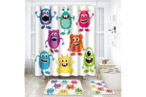 ArtSocket Monsters Bathroom Set with Shower Curtain and Rugs Accessories, Cute Kids Shower Curtain Set, Funny Animal Shower Curtain for Bathroom, Kids Bathroom Decor 4 Pcs