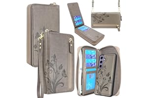 Lacass Wallet for Samsung Galaxy S24 6.2 inch 2024, Crossbody Dual Zipper Detachable Magnetic Leather Wallet Case Cover Wristlets Wrist Strap 13 Card Slots Money Pocket (Floral Gray)