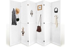 HIGREENA Room Divider, 5.6FT Folding Room Divider Panel, 6 Panel Pegboard Display Wood Partition Wall Divider for Room Separation& Craft Shows, White