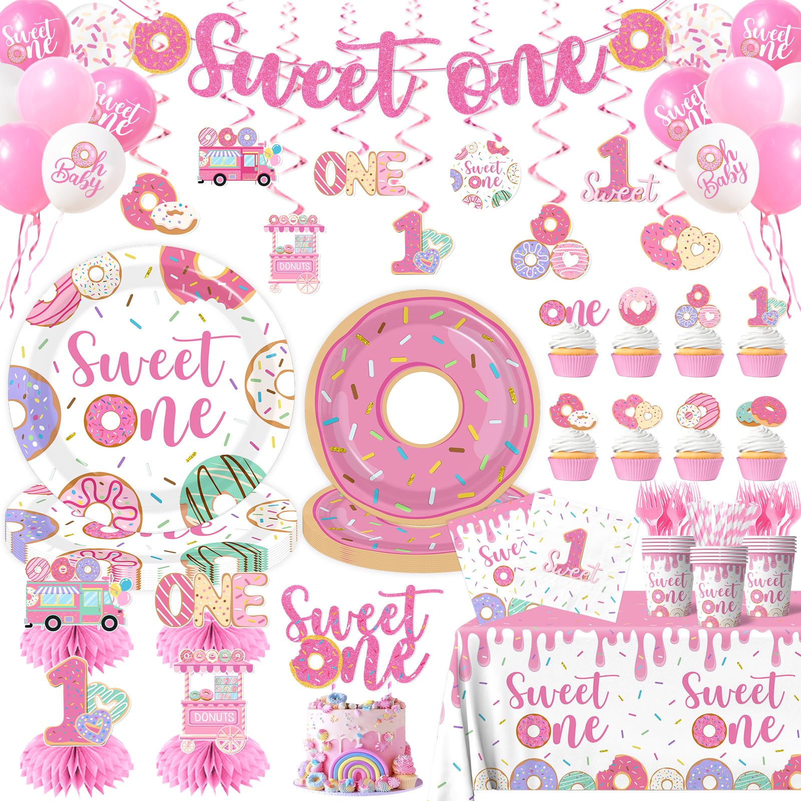 Photo 1 of 207Pcs Sweet One Birthday Party Decorations - Donut Theme 1st Birthday Decorations Girl Sweet One Plates and Napkins Set Serves 24