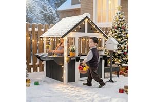 JOYMOR Kids Wooden Playhouse for Outdoor, Cottage with Sink, Picnic Table, Mailbox, Flowerpot Holders, Age 3-8 (Gray&White)