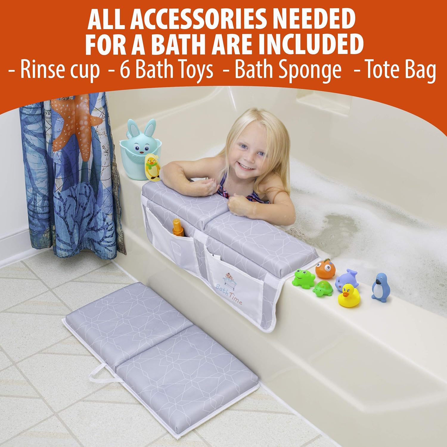 BathTime Bath Kneeler and Elbow Rest Pad - 1.75-Inch Knee & Arm Support Pads with 8 Suction Cups - Set Includes Storage Tote Bag, Bathing Sponge, Rinse Cup, Baby Toys - Portable Cushioned Accessories : Baby