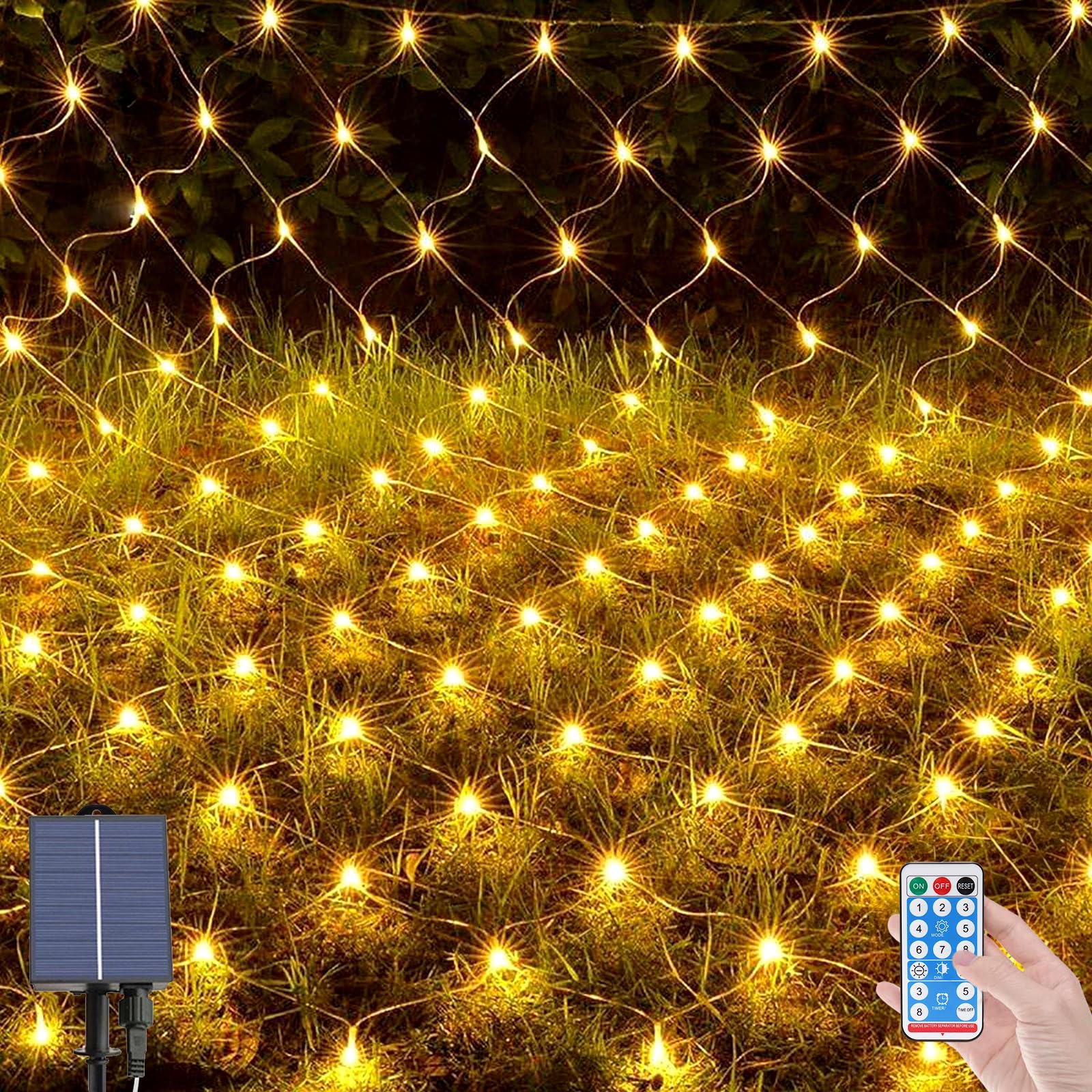 OPAHUTER 198 LEDs Solar Mesh Fairy Net Light 6.6 x 9.8 Ft, Waterproof with 8 Modes, Remote Control, Copper Wire for Christmas Tree, Lawn, Fence, Bushes, Wall
