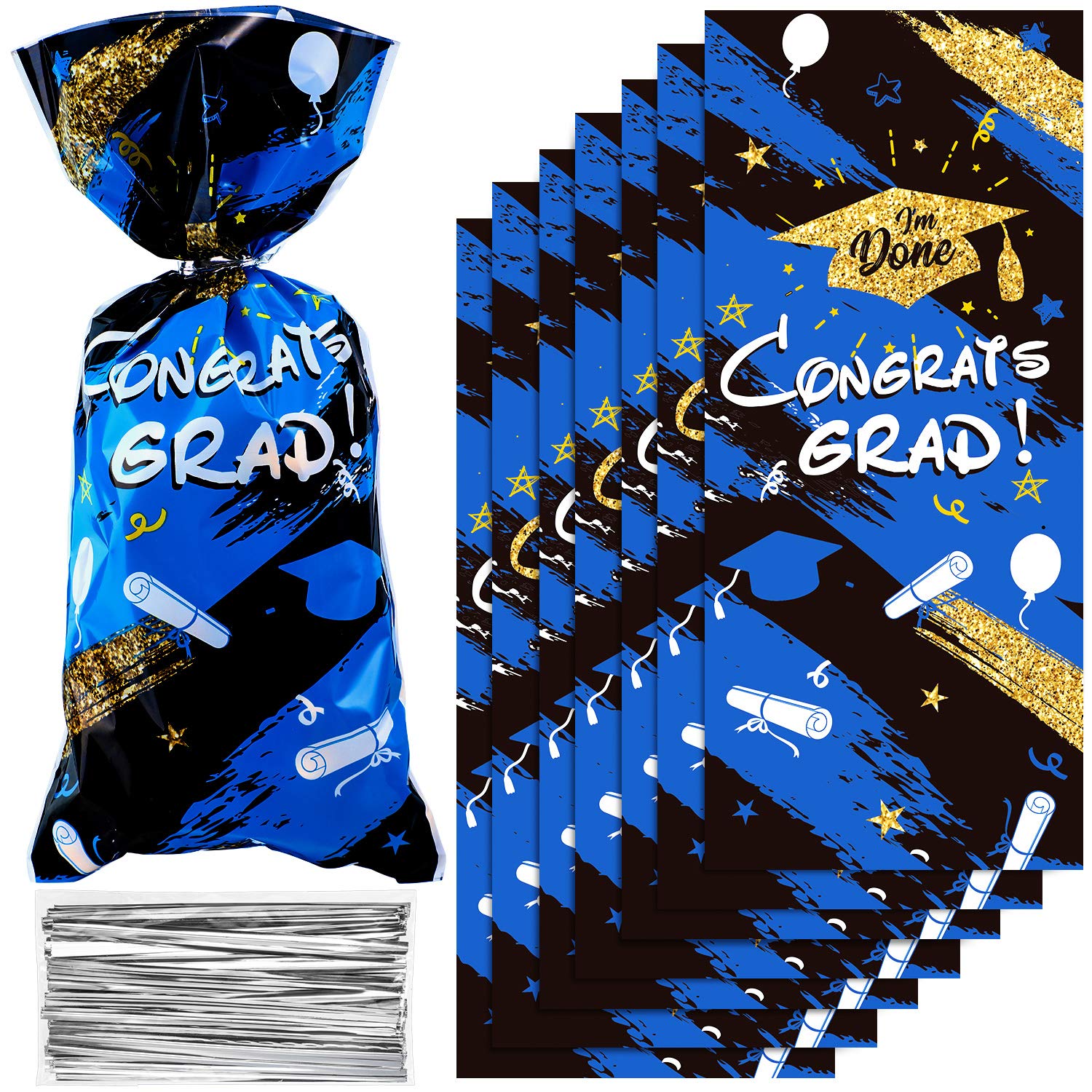 100 Pieces Graduation Cellophane Treat Bags, Congrats Graduates Candy Present Bags Plastic Clear Goodie Wrapping Bags with 100 Silver Twist Ties for Graduation Day Grad Party Supplies (Blue Black)