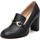 GOFOURTHAT Women's Chunky Block Heels Closed Square Toe Heeled Loafers Pumps Slip On Casual Comfortable Work Dress Shoes 3.4 inch