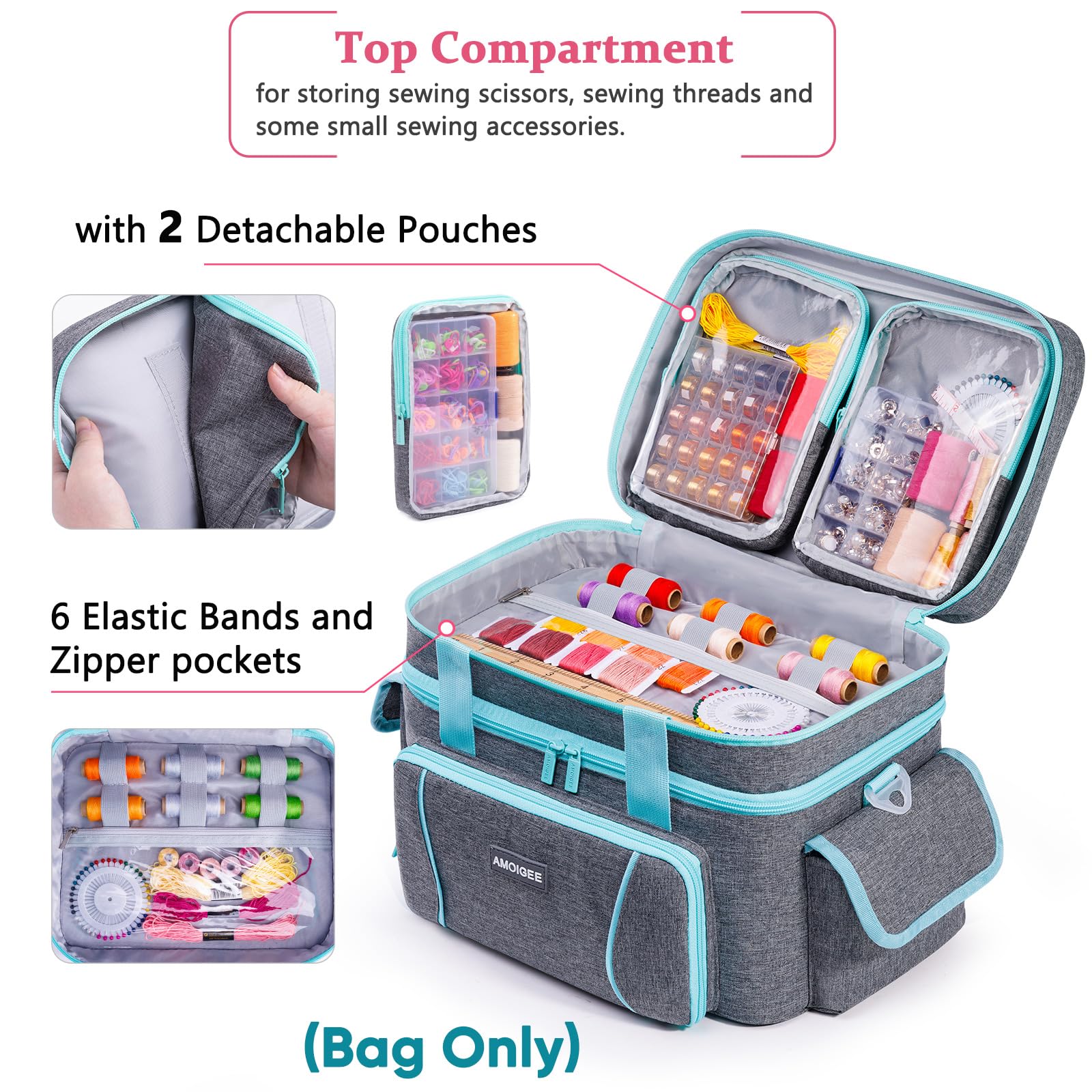 AMOIGEE Double-Layer Sewing Storage Bag with 2 Detachable Pouches – Large Sewing Organizer with Shoulder Strap, Elastic Loops & Dividers for Sewing Supplies, Tools & Accessories