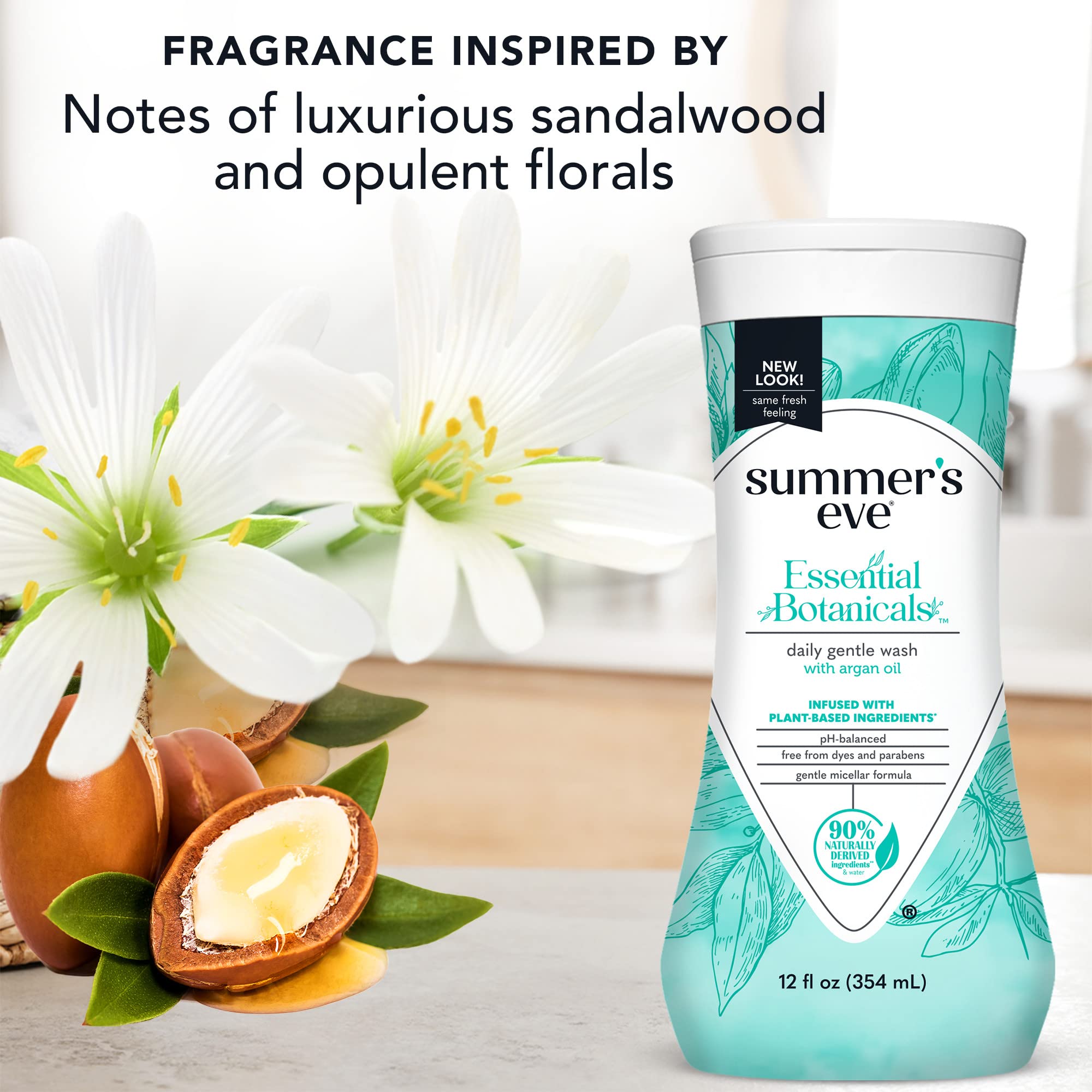 Summer's Eve Essential Botanicals All-Over Daily Feminine Wash with Argan Oil, Gentle pH-Balanced Body Wash for Women, Removes Vaginal Odor and Refreshes, 12 Fl Oz