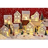 Fovths 35 Pieces Christmas Village Sets Lighted LED Village Houses Accessories with Artificial Fake Snow and Mini Figurine Desktop Ornament Winter Village Buildings for Christmas Home Table Decor