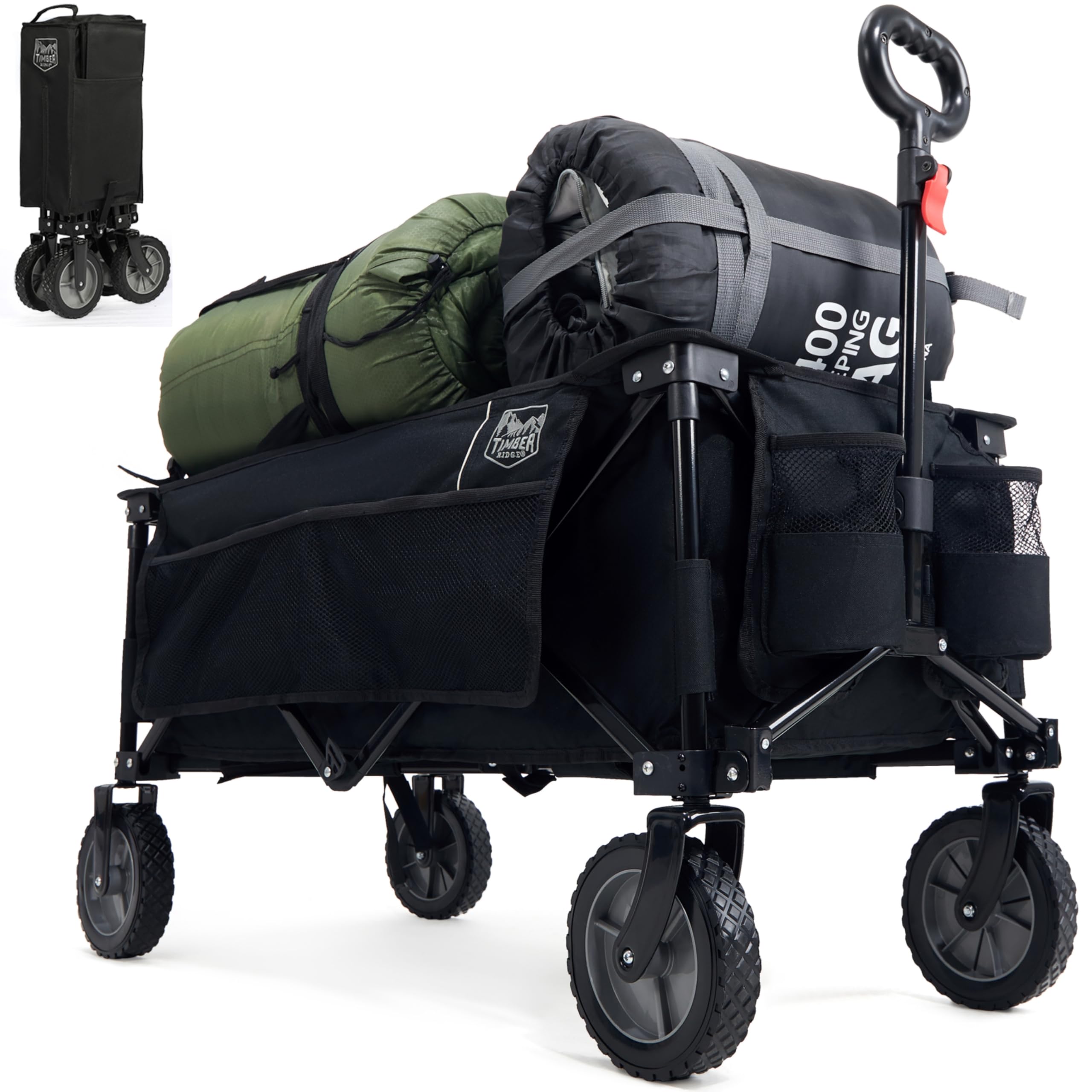 TIMBER RIDGE XXL Bollerwagen Faltbar Transportwagen mit Seitentasche Getränkehalter verstellbarem Griff, Gartenwagen für Alle Gelände, Draussen Camping Einkaufen