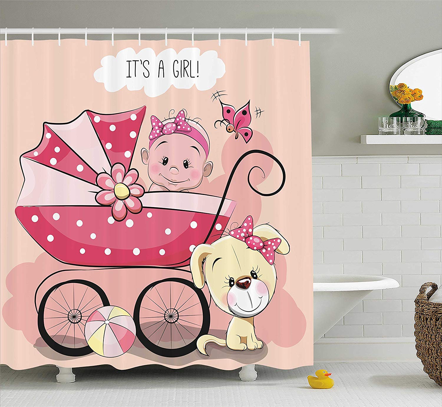 Fabric Bathroom Decor Set With Hooks Vvians Gender Reveal Decorations Shower Curtain Light Yellow Pink Greeting For New Infant Puppy Dog And Baby Carriage Pastel 60 72 Inch Accessoires De Douche