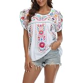 Womens Mexican Peasant Blouse Embroidered Tops Summer Vacation Boho Shirt | Short Sleeve, Scoop Neck, Traditinal Style, Loose Fit, Breathable Cotton, Fiest Party Shirt, Cinco de Mayo Outfit