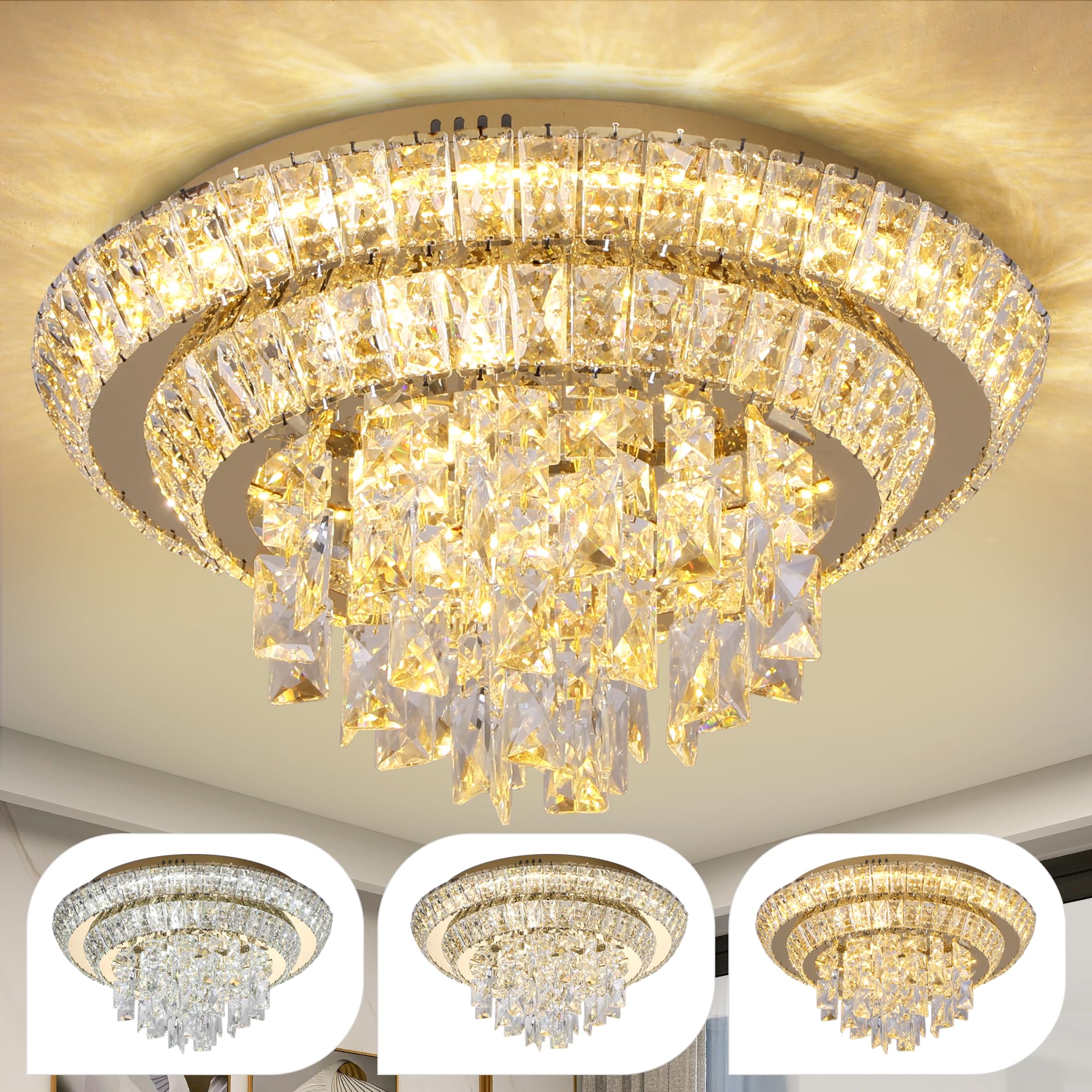Photo 1 of 18 inch Flush Mount Crystal Chandeliers Gold, Modern Elegant LED Crystal Raindrop Ceiling Light Fixture with Remote Control, 3CCT Dimmable, for Living Room Kitchen Island Bedroom Entryway Foyer