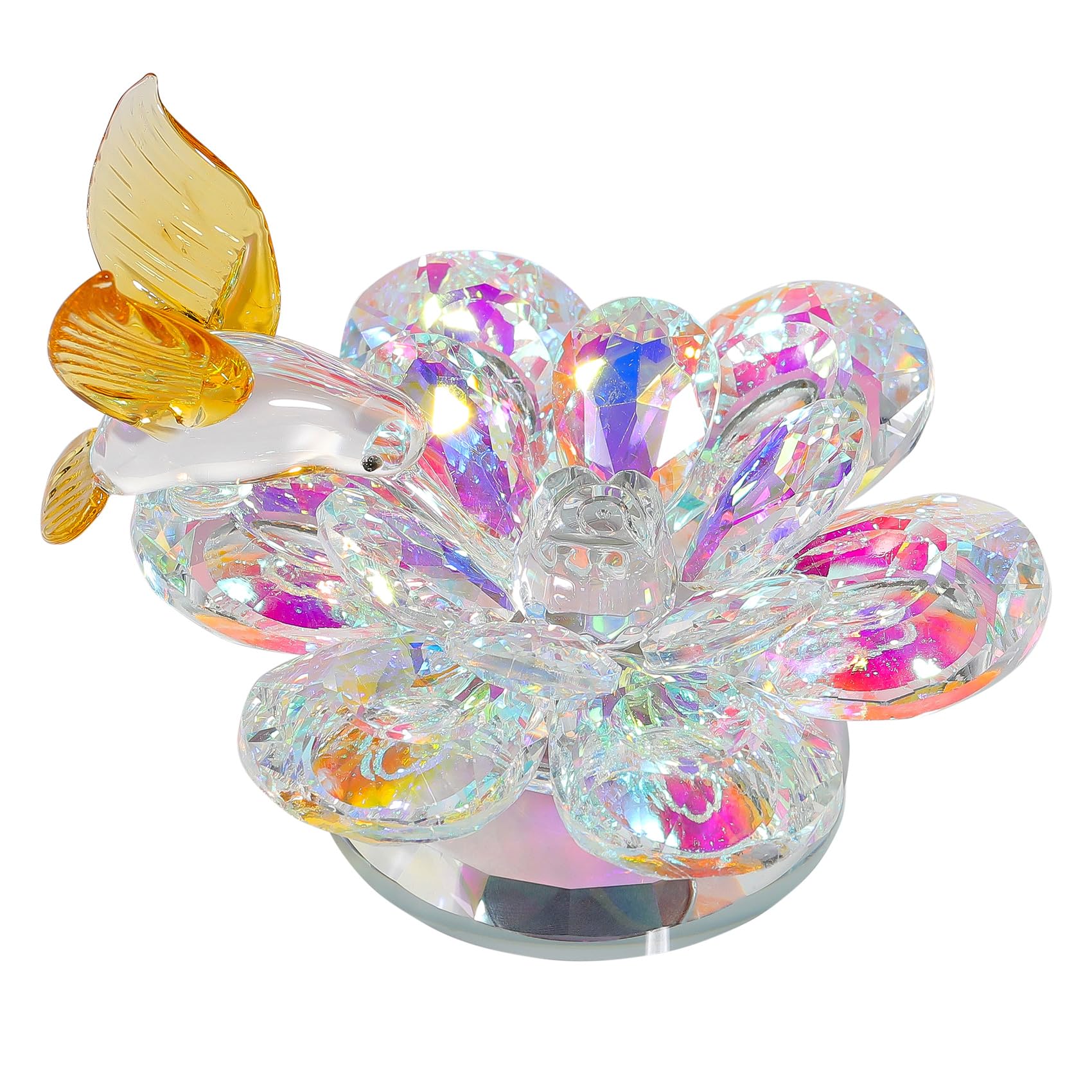 Crystal Flower with Yellow Hummingbird Figurine, Glass Floral Collectible Decor Paperweight with Rotatable Base Romantic Gifts for Women Valentines Anniversary Ornaments