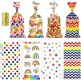 120 PCS Rainbow Cellophane Treat Bags, Colorful Cellophane Bags, Plastic Star Polka Dot Stripes Printed Candy Cookies Goodie Gift Bag for Valentine's Day Kids Birthday Party Holiday Favor Supplies