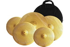 MOSICO Quiet Cymbal Pack Low Volume Drum Cymbal Set 14"Hihats 16"Crash 18"Crash 20"Ride 5 Pieces Free Plus Cymbal Bag Drum Cymbal (Golden)