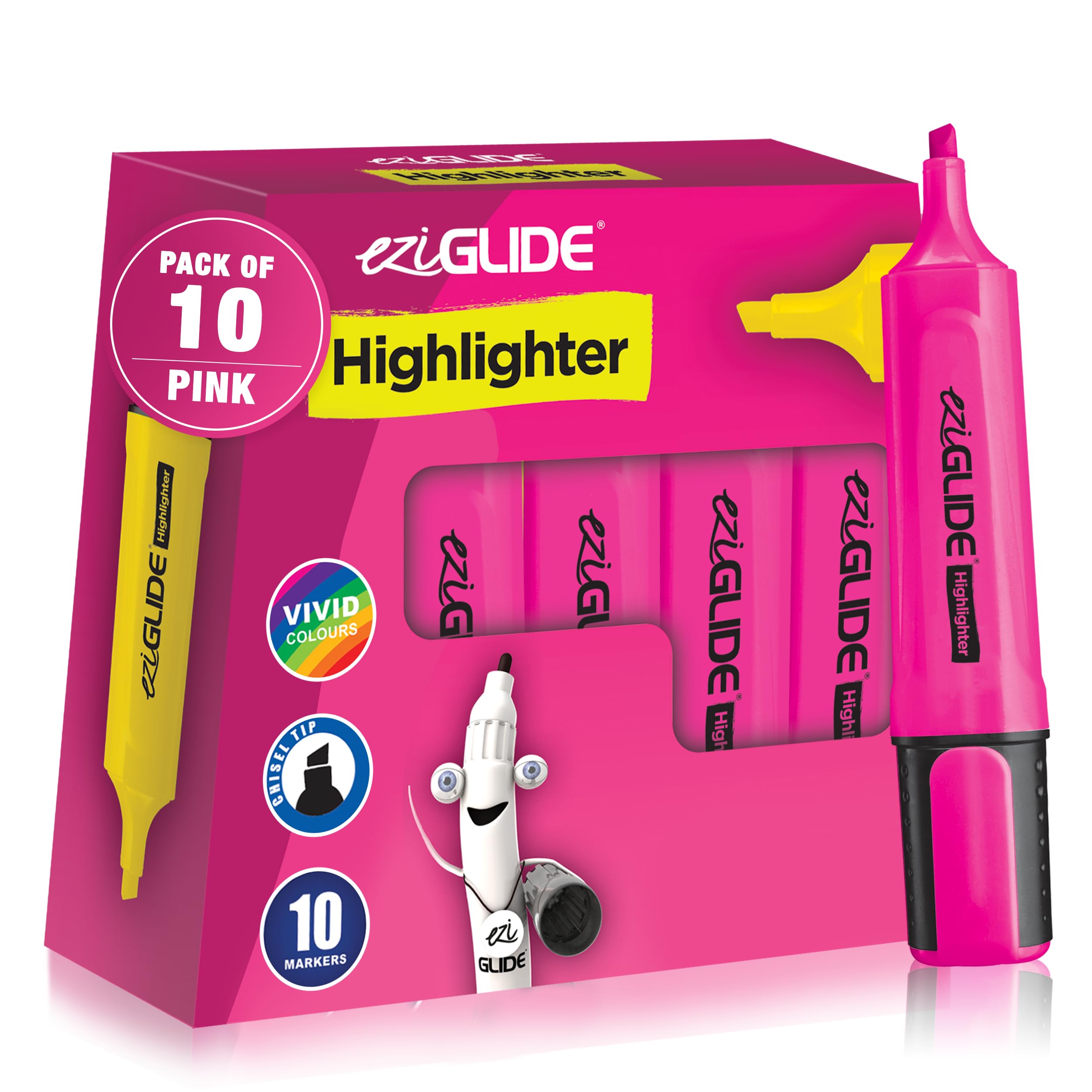 Eziglide 10-Pack Pink Highlighters Pens – Chisel Tip Markers (1-4.5mm) for Bold & Fine Marking – No-Smudge, Quick-Dry Ink, Ideal for Highlighting, Studying & Colouring at Work, School & Home Use