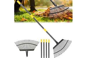 POPOHOSER Rake, Garden Rake for Leaves, Heavy Duty Metal Leaf Rake with 37-79 inch Adjustable Long Steel Handle, 25 Tines 18" Wide Yard Rakes for Lawns Flower Bed Grass Mulch Shrub Camping Gardening