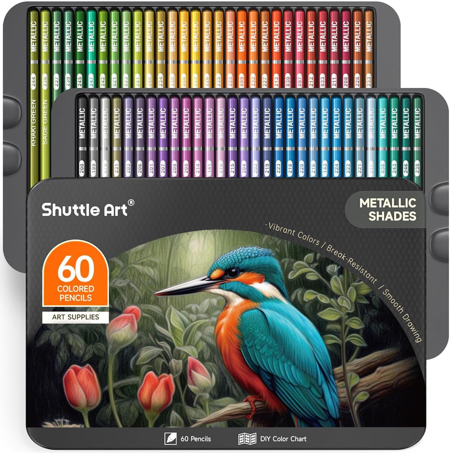 Shuttle Art 60 Metallic Colours Colouring Pencils Set, Professional Coloured Pencil with Metal Box, Soft Core Colour Pencils, Drawing Art Pencils for Artists Adult Beginners Colouring Book, Sketching