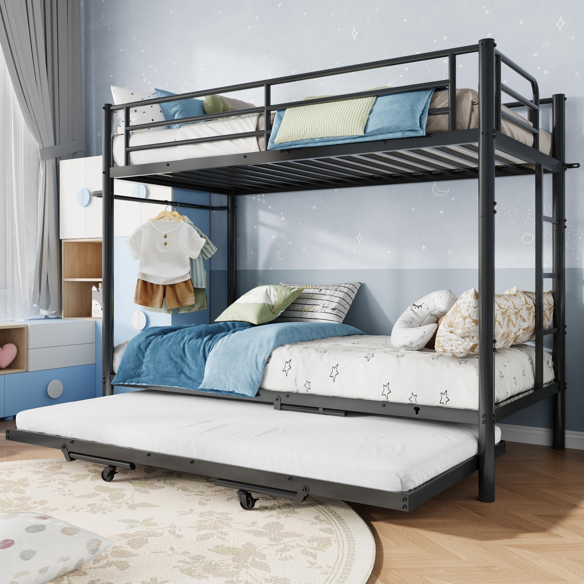 Photo 1 of **PARTS ONLY/MISSING PIECES** Jocoevol Triple Bunk Bed with Trundle, Twin Over Twin Bunk Bed for 3 Sleepers, Heavy-Duty Metal Frame with Full-Length Guardrail and Ladders, Family-Friendly Space-Saving Bed for Kids & Twin, Black