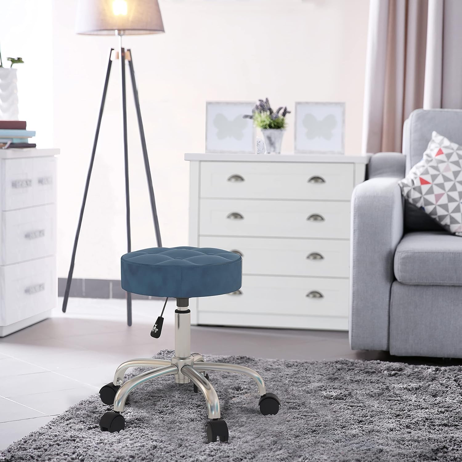 Hillsdale Nora Tufted Adjustable Backless Vanity/Office Stool with Casters, Blue Velvet: Furniture & Decor