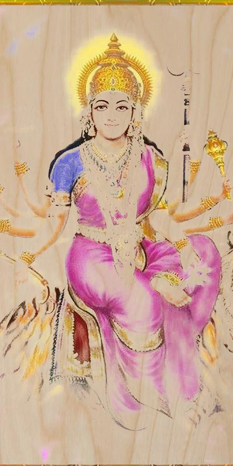 World Religion Hindu Goddess Durga w/Tiger & Trident - Plywood Wood Print Poster Wall Art