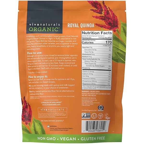 VIVA NATURALS ORGANIC QUINOA, 4 LB – PLANT BASED PROTEIN, FIBER AND IRON – PRE-WASHED WHOLE GRAIN RICE AND PASTA SUBSTITUTE FOR QUINOA SALAD – USDA ORGANIC, GLUTEN FREE, VEGAN, NON-GMO AND KOSHER