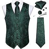 DiBanGu Mens Paisley Vest Tie Set with Lapel Pin Tie Clip 7PCS Silk V-Neck Suit Waistcoat and Necktie for Tuxedo Wedding