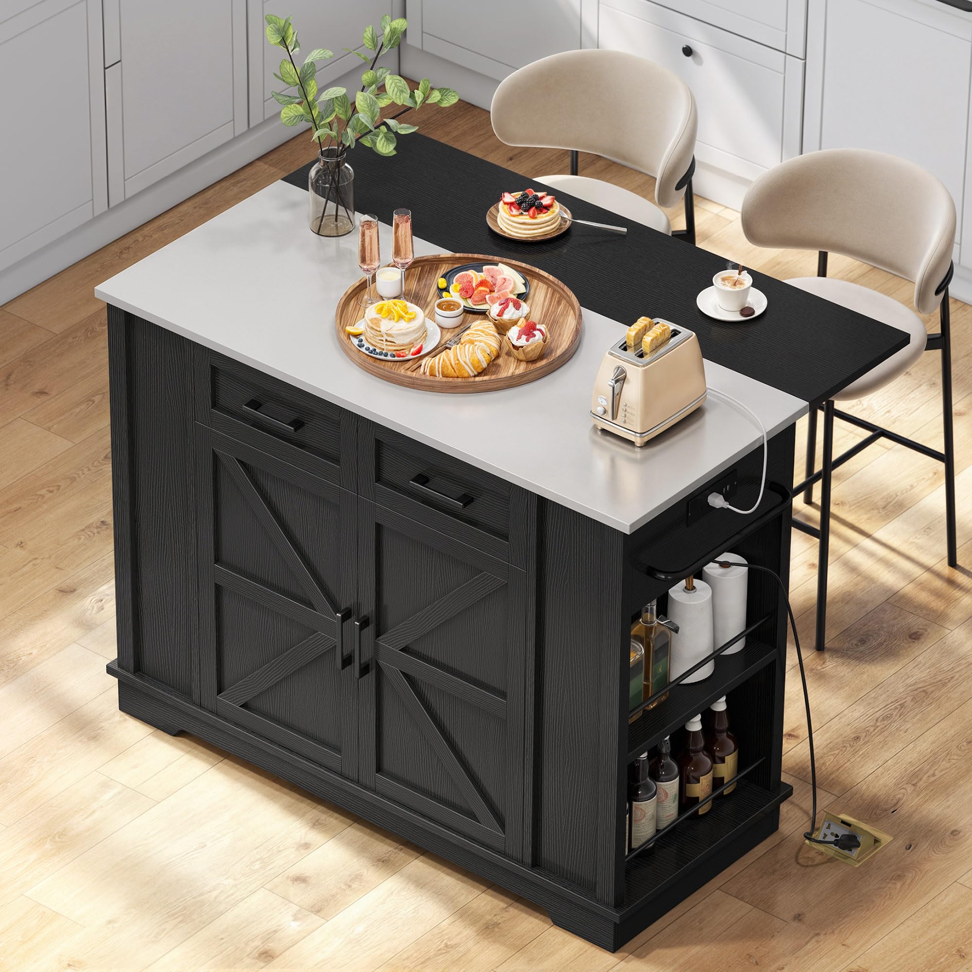 Photo 1 of ***PARTS ONLY***YITAHOME Kitchen Island with Drop Leaf, 47 Inch Mobile Stroage Islands with Stainless Steel Top, Rolling Island Table with Power Outlet, Adjustable Shelves, Spice Rack, Towel Rack for Kitchen, Black