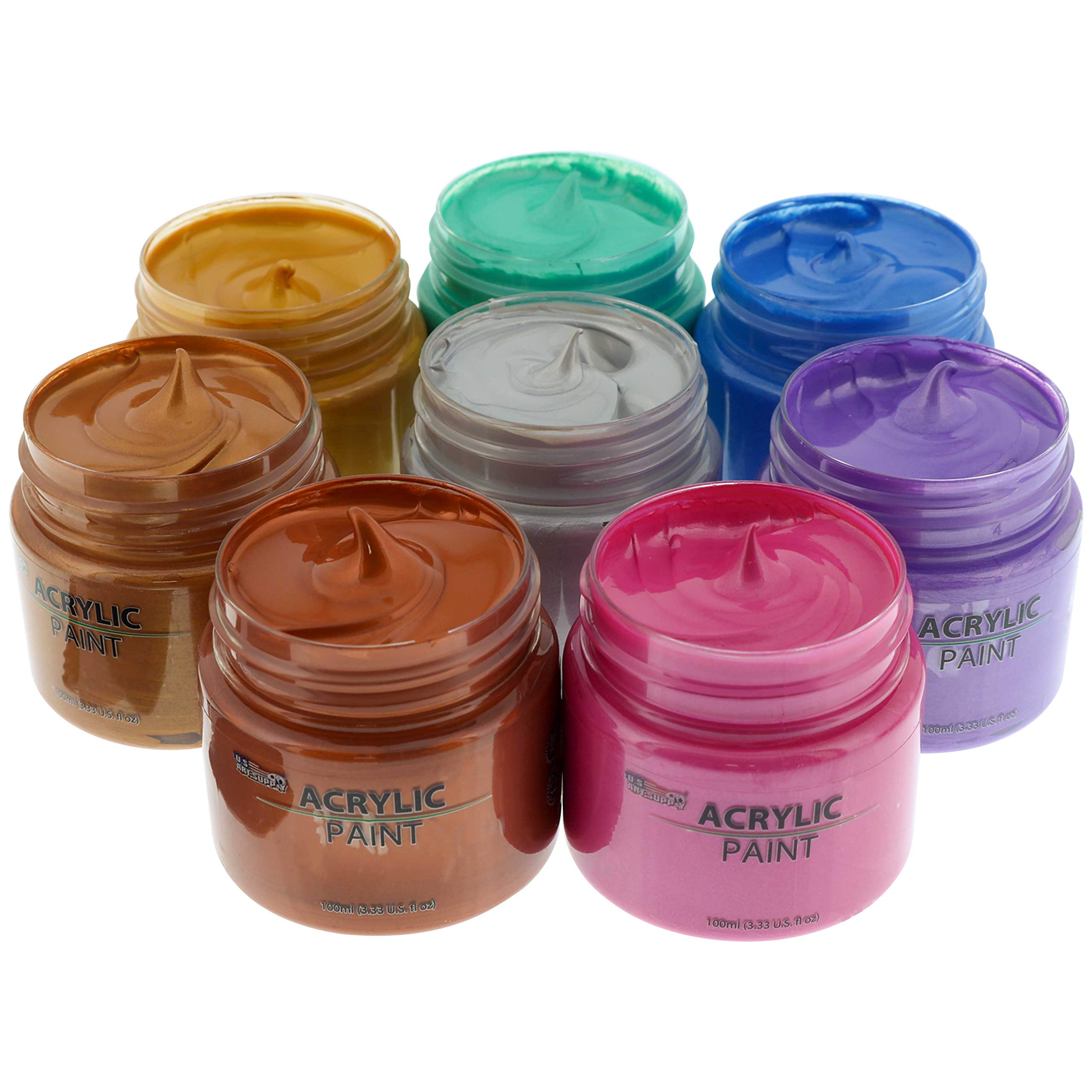 U.S. Art Supply 8 Color Metallic Acrylic Paint Jar Set 100ml Bottles (3.33 fl oz) - Professional Artist Bright and Vivid Pearlescent Metallic Colors great for Acrylic Pouring shimmer effects