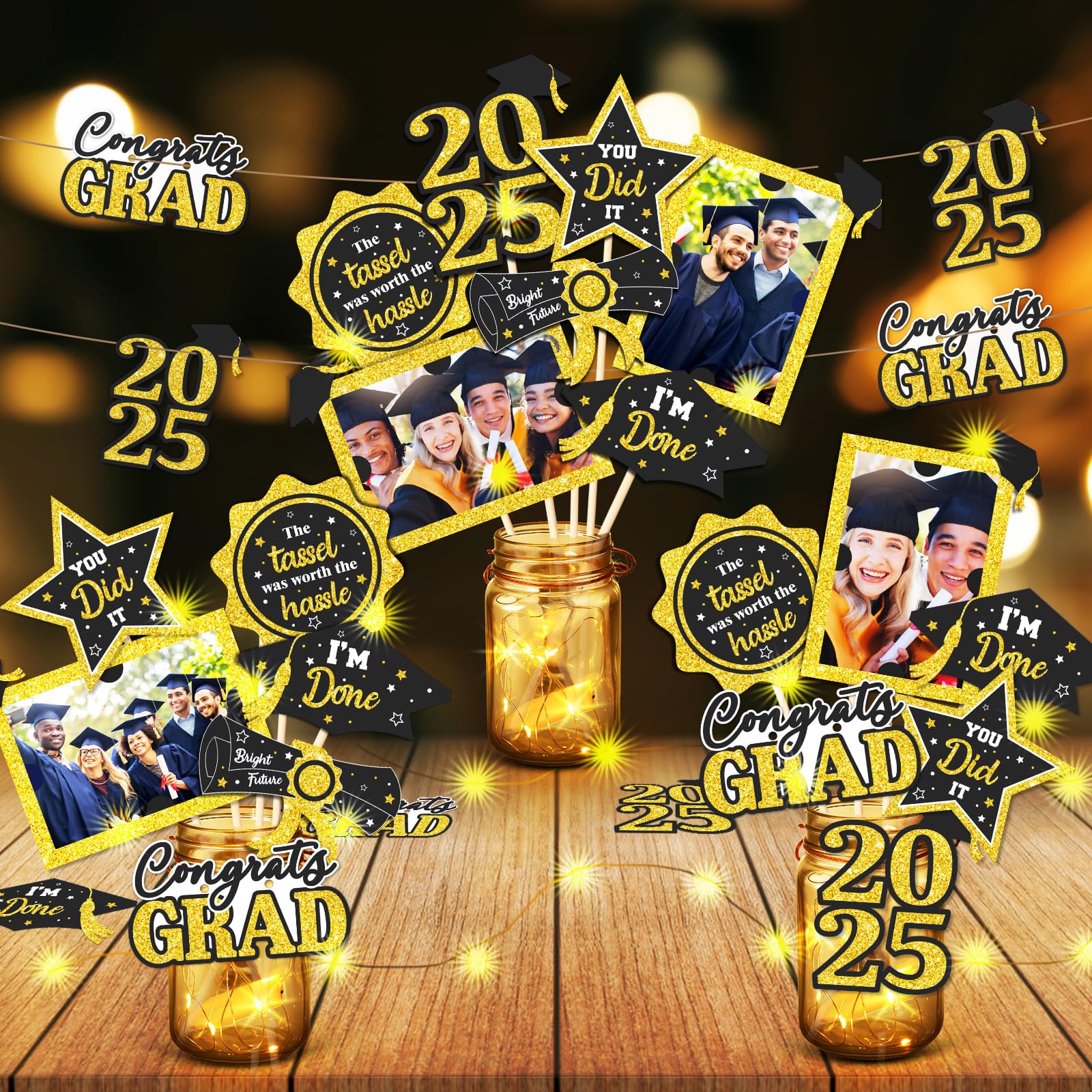 Amyhill 42 Pcs Graduation Decorations Class of 2025 Black and Gold ...