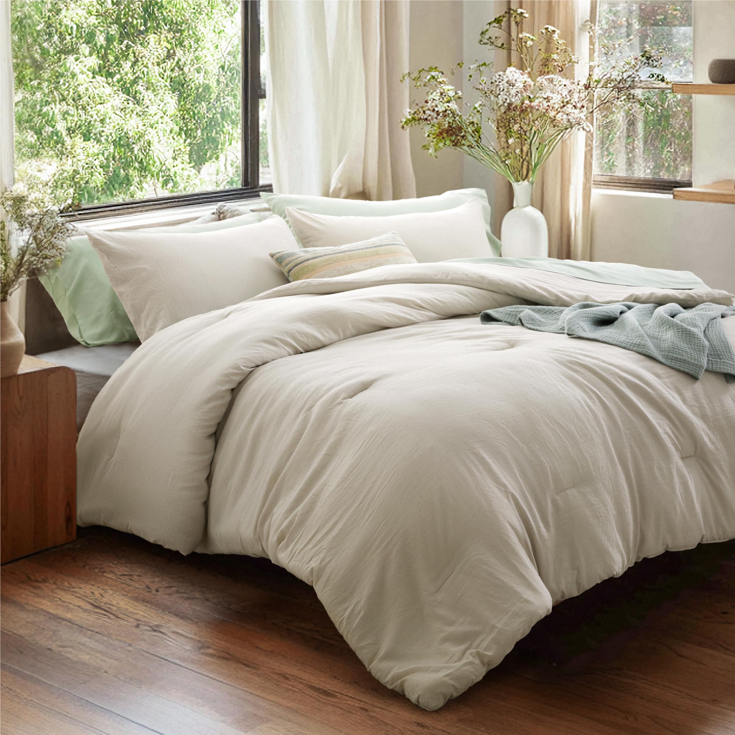 Photo 1 of Bedsure King Size Comforter Set, Beige Soft Prewashed Bedding for All Seasons, 3 Pieces
