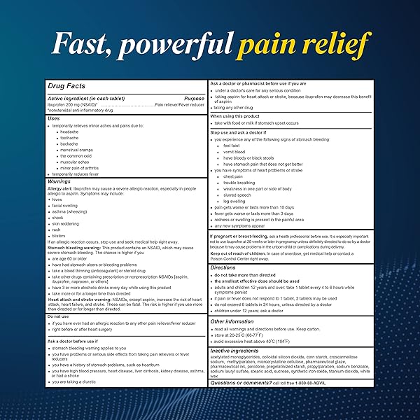 ADVIL PAIN RELIEVER AND FEVER REDUCER, IBUPROFEN 200MG FOR PAIN RELIEF – 24 COATED TABLETS