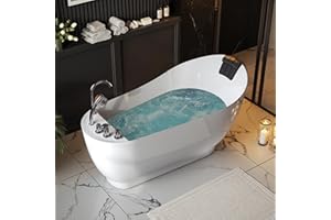 Empava 59" x 29" Freestanding Whirlpool Tub, Acrylic 560W Jetted Bathtub with 7 Hydromassage Nozzles,Lumbar and Neck Support,ETL Certified