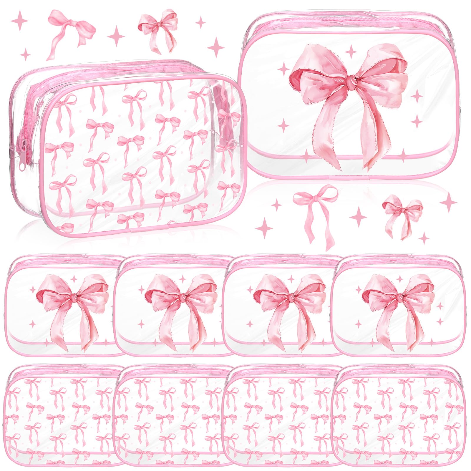 Photo 1 of **PARTIAL SET/MISSING 6 BAGS** Kacctyen 10 Pcs Pink Bow Clear Makeup Bag Coquette Cosmetic Bags Bow Gifts Accessories PVC Waterproof Travel Organizer Toiletry Makeup Zipper Pouch for Women Party Girlfriend Bridesmaid Birthday Gifts